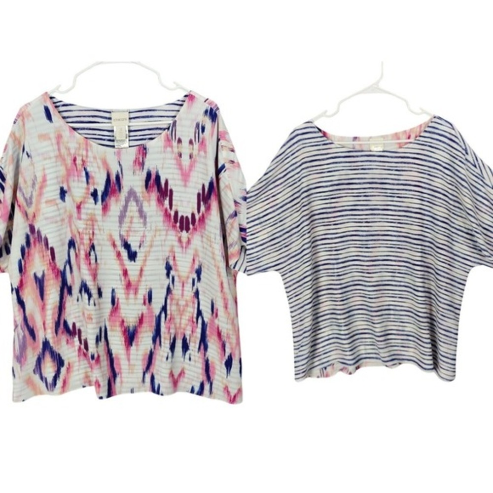 Chicos Womens Reversible Nautical Coastal Blouse 3 XL Pink Blue Ikat Striped Top